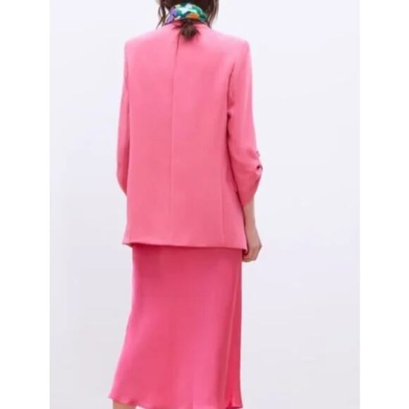 Zara Open Front Blazer Small Pink Rolled 3/4 Sleeves Oversized Cascade Neck - Picture 2 of 13